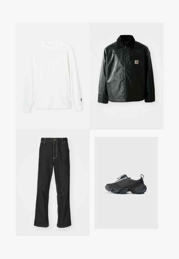 Chaqueta negra con cremallera hecha de un material liso y brillante. Presenta un cuello de pana, dos bolsillos frontales y un pequeño parche con el logo en el pecho.; Pulóver blanco de manga larga con cuello redondo, puños acanalados y una costura central que corre verticalmente por la parte delantera. Tejido suave.; Jeans de mezclilla negra con un corte holgado, que cuentan con costuras blancas contrastantes, cierre de botón y un diseño de pierna recta.; Zapatillas deportivas negras con un diseño elegante, presentando una parte superior texturizada, acentos grises y una suela gruesa con protrusiones azuladas para tracción.