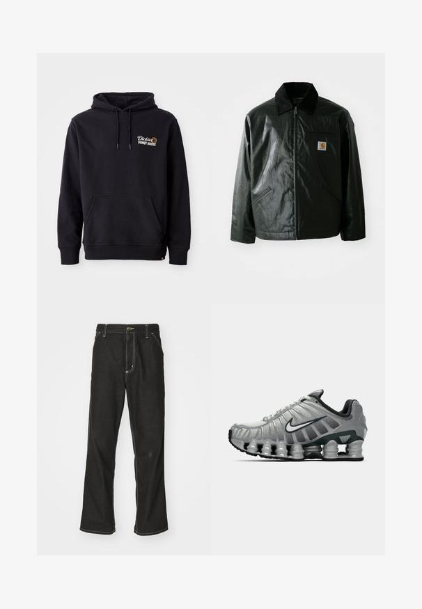 Juodas užtrauktuku užsegamas švarkas, pagamintas iš glotnaus, blizgaus medžiagos. Savybė - keteros apykaklė, dvi priekinės kišenės ir mažas logotipo ženklelis ant krūtinės.; Juodas džemperis, pagamintas iš medvilnės ir sintetinių pluoštų mišinio, su priekinėmis kišenėmis, viršutinėmis rankovėmis su raišteliais ir išsiuvinėtu logotipu ant kairiojo krūtinės.; Juodi džinsai su laisvu siluetu, turintys kontrastingas balto siūlo siūles, mygtuko uždarymą ir tiesų kojos dizainą.; Pilkai juodas Nike bėgimo batas su matomu pavasario tipo amortizacija po padu ir baltu swoosh logotipu šone.