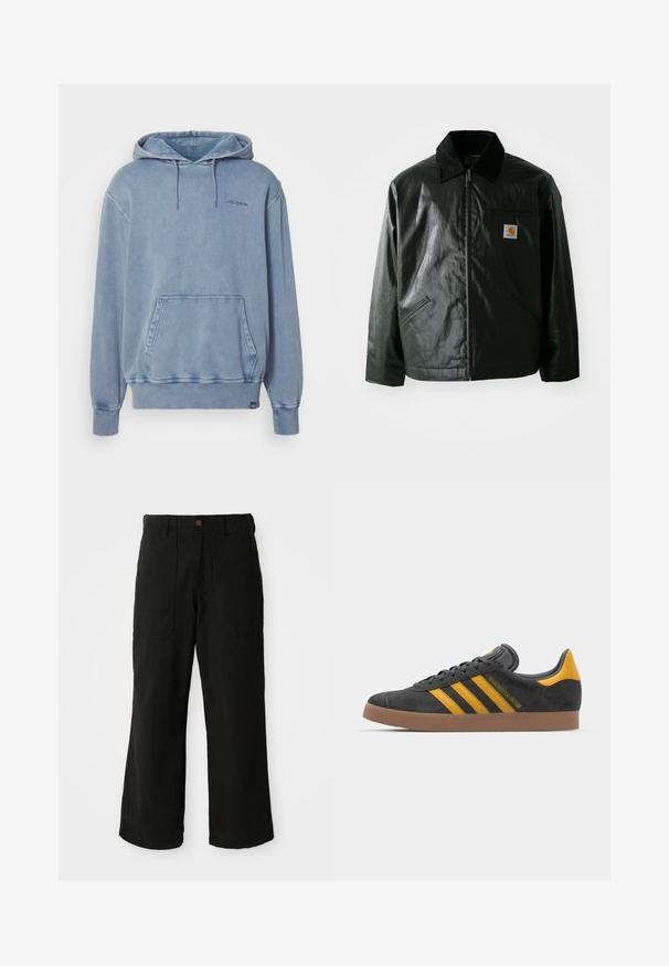 Casaco preto com fecho éclair, feito de material liso e brilhante. Apresenta um colarinho de veludo, dois bolsos frontais e um pequeno emblema no peito.; Hoodie azul claro feito de tecido suave, com um bolso frontal, capuz com cordão e um logo discreto no peito. Design de ajuste descontraído.; Calças largas pretas feitas de tecido macio, com bolsos frontais e fecho de botão na cintura. Design minimalista sem padrões visíveis.; Tenis em camurça preta com detalhes amarelos, apresentando três riscas e uma sola de borracha castanha. Inclui uma língua acolchoada para maior conforto.