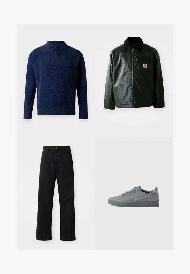 Crna zip-up jakna izrađena od glatkog, sjajnog materijala. Ima okovratnik od kordura, dva prednja džepa i mali logotip na prsima.; Tamno plavi pulover od mekane, teksturirane tkanine. Ima ovratnik, placket sa tri dugmeta i duge rukave. Minimalistički dizajn.; Crne traperice ravnog kroja, s prednjim džepovima, patentnim zatvaračem i jednim gornjim dugmetom. Teksturirana tkanina s mat završetkom.; Sive suede tenisice s glatkim kožnim gornjim dijelom, s teksturiranom gumom potplatom i klasičnim vezanjem. Potpisni swoosh logo sa strane.