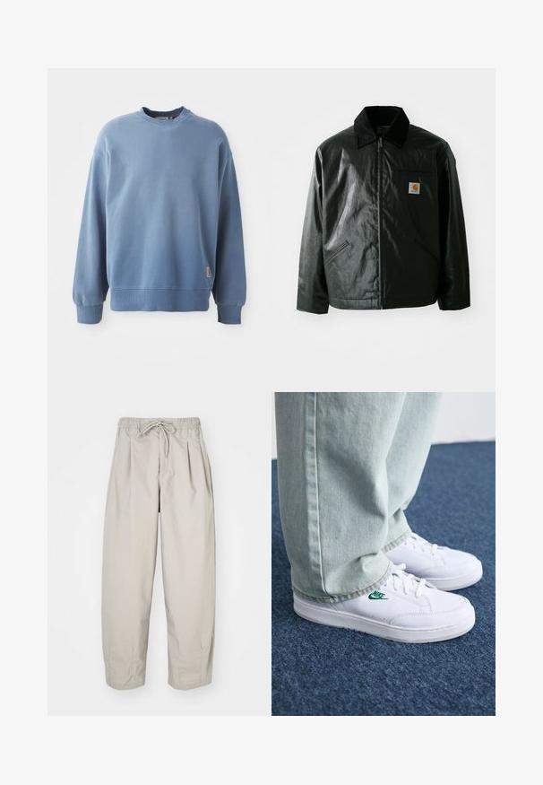 Fekete zipzáros dzseki sima, fényes anyagból. Kordbársony gallérral, két elülső zsebbel és egy kis logós felvarrással a mellkason.; Világoskék, puha anyagból készült pulóver, kerek nyakú, hosszú ujjaival, bordás mandzsettával és hemel, egy kis logócímmel az alján.; Beige, könnyű nadrág, rugalmas derékkal és zsinórral. Ráncokkal és laza szabással rendelkezik, puha, sima anyagból készült.; Fehér bőr sportcipők zöld Nike logóval, kerek orral, lapos talppal, világoskék farmernadrággal párosítva, kék szőnyegen bemutatva.