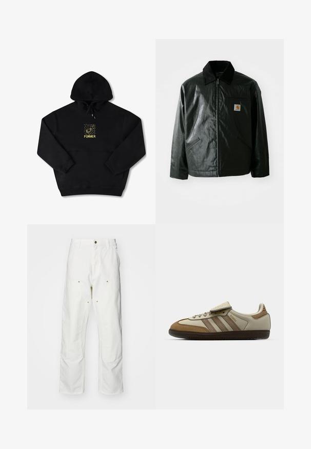 Melnā zip-up jaka, izgatavota no gludas, spīdīgas materiāla. Ir korduroja apkakle, divas priekšējās kabatas un neliela logo placdarma uz krūtīm.; Melna kapuce ar priekšējo kabatu, ar dzeltenu grafiku ar putnu un vārdu "FORMER" resnā fontā. Mīksta auduma ar regulējamu saiti.; Baltas kokvilnas kargo bikses ar brīvu piegriezumu. Iezīmes ietver priekšējās kabatas, zeltītas detaļas un pastiprinātas ceļa daļas.; Brūna un krēmīga sporta apava ar trim bēšām svītrām, izgatavota no zamša un ādas, ar auklu aizdari un gumijas zoli. Teksta emblēma sānos.