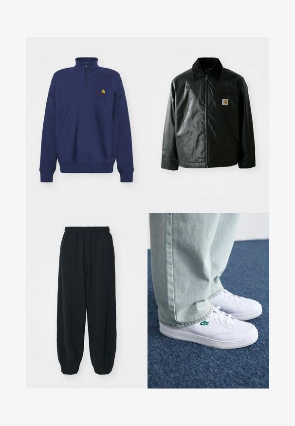 Giacca nera con zip realizzata in materiale liscio e lucido. Presenta un colletto in corduroy, due tasche frontali e una piccola patch con logo sul petto.; Carhartt WIP HALF ZIP AMERICAN SCRIPT - Felpa - air force blue; Pantaloni da jogging neri con vita elasticizzata, dalla vestibilità morbida, caviglie a costina, texture liscia e senza motivi visibili o dettagli in metallo.; Sneakers in pelle bianca con logo Nike verde, punta rotonda, suola piatta, abbinati a pantaloni in denim azzurro, mostrati su un tappeto blu.