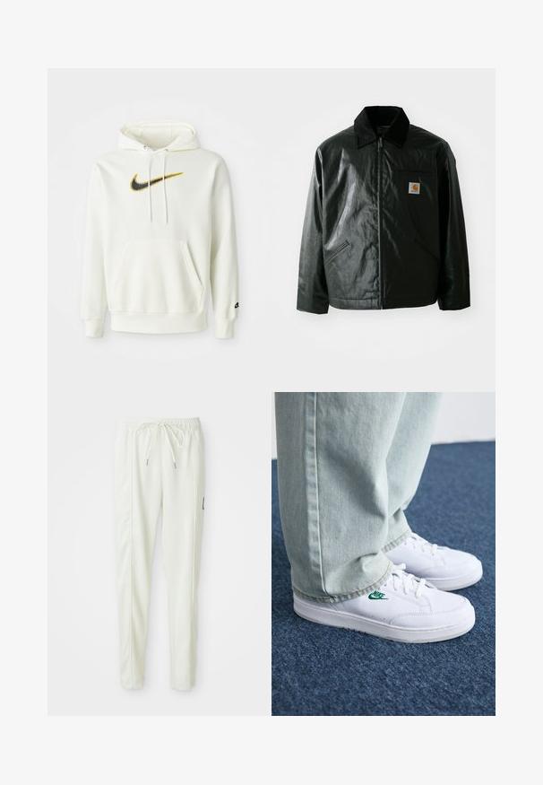 Črna jakna na zadrgo, izdelana iz gladkega, sijočega materiala. Ima žametni ovratnik, dva sprednja žepa in majhno oznako logotipa na prsih.; Bela bomba iz bombaža z žepom spredaj, ki vsebuje črno in rumeno Nike znamko. Ima kapuco z vrvico in ribane manšete ter rob.; Beli ožji jogger hlače s prilagodljivim pasom in vrvico, z bočnimi šivi in majhnim črnim patcheom na desni nogi.; Bela usnjena športna obutev z zelenim Nike logotipom, okrogla konica, ravna podplat, v kombinaciji z svetlo modrimi kavbojkami, prikazana na modrem preprogu.