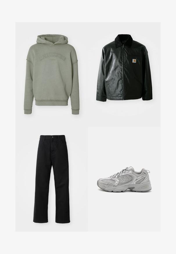 Chaqueta negra con cremallera hecha de un material liso y brillante. Presenta un cuello de pana, dos bolsillos frontales y un pequeño parche con el logo en el pecho.; Sudadera de color verde oliva con un ajuste relajado, que presenta un dobladillo acanalado, mangas con puños y el logotipo en relieve "Alpha Industries" en el pecho.; Pantalones de mezclilla negros con corte recto, con bolsillos frontales, cremallera y un solo botón en la parte superior. Tejido texturizado con un acabado mate.; Zapatilla deportiva plateada con un diseño elegante, paneles de malla, lengüeta acolchada, parte superior sintética texturizada y suela de goma para tracción.