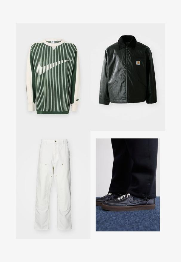 Casaco preto com fecho éclair, feito de material liso e brilhante. Apresenta um colarinho de veludo, dois bolsos frontais e um pequeno emblema no peito.; Camisola de malha verde e creme com riscas verticais, apresentando um grande logótipo branco da Nike, punhos canelados e decote redondo.; Calças cargo brancas em algodão com um corte descontraído. As características incluem bolsos frontais, detalhes em metal dourado e áreas de joelhos reforçadas.; Nike Sportswear KILLSHOT 2 LTR PRM OPP2 - Sapatilhas - black sail baroque brown mtlc dk grey