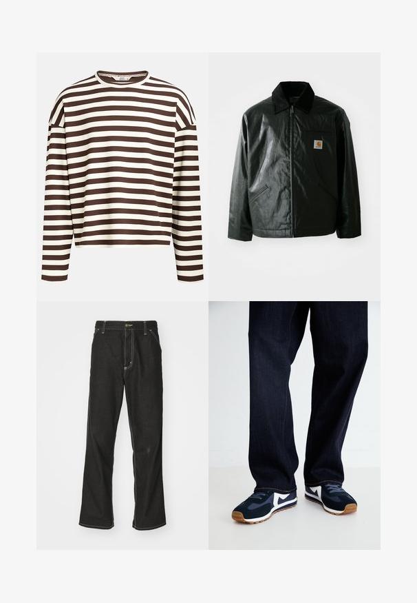 Črna jakna na zadrgo, izdelana iz gladkega, sijočega materiala. Ima žametni ovratnik, dva sprednja žepa in majhno oznako logotipa na prsih.; Dolga majica z dolgimi rokavi v rjavih in smetanastih črtah, z zaobljenim izrezom, rebrasto teksturo in spuščeni šivi na ramenih, z izbrazdanim krojem.; Črne jeans hlače ohlapenega kroja, ki imajo kontrastno belo šivanje, zapiranje na gumb in ravno nogavico.; Mornarsko modri in beli športni čevlji z teksturiranim zgornjim delom, vezalkami in gumijastim podplatom, v kombinaciji s temno denim hlačami z oranžnim šivom.