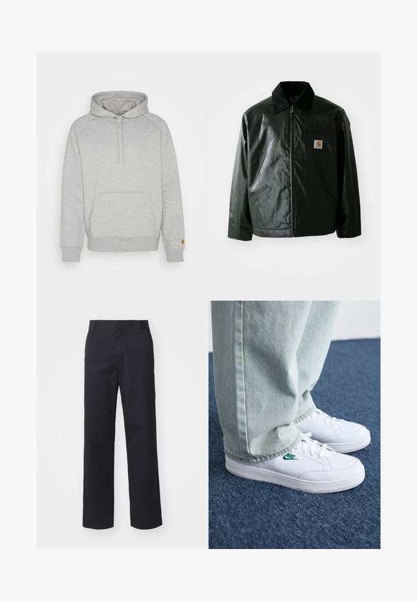 Jachetă neagră cu fermoar, confecționată dintr-un material neted și lucios. Prezintă un guler din catifea, două buzunare frontale și un mic logo brodat pe piept.; Hanorac gri cu glugă, prevăzut cu o pocket de tip cangur, manșete și tiv ribbate, având un patch cu logo pe mâneca stânga. Textură de țesătură moale.; Pantaloni negri cu croi drept, confectionați dintr-un amestec de bumbac. Prezintă un talie plată cu bucle pentru curea și fără elemente hardware sau embellismente vizibile.; Adidași din piele albă cu logo-ul Nike verde, vârf rotund, talpă plată, asortați cu pantaloni din denim bleu deschis, prezentați pe un covor albastru.