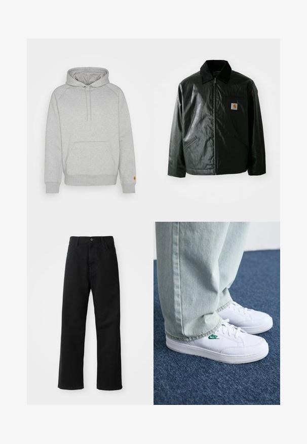 Schwarze Zip-Jacke aus glattem, glänzendem Material. Verfügt über einen Cordkragen, zwei Fronttaschen und ein kleines Logo-Patch auf der Brust.; Grauer Kapuzenpullover mit einer Kängurutasche, gerippten Bündchen und Saum, mit einem Logopatch am linken Ärmel. Weicher Stoff.; Schwarze Jeans mit geradem Schnitt, ausgestattet mit Fronttaschen, einem Reißverschluss und einem einzelnen oberen Knopf. Texturiert mit matter Oberfläche.; Weiße Leder-Sneaker mit grünem Nike-Logo, runde Zehenpartie, flache Sohle, kombiniert mit hellblauen Jeans, präsentiert auf einem blauen Teppich.