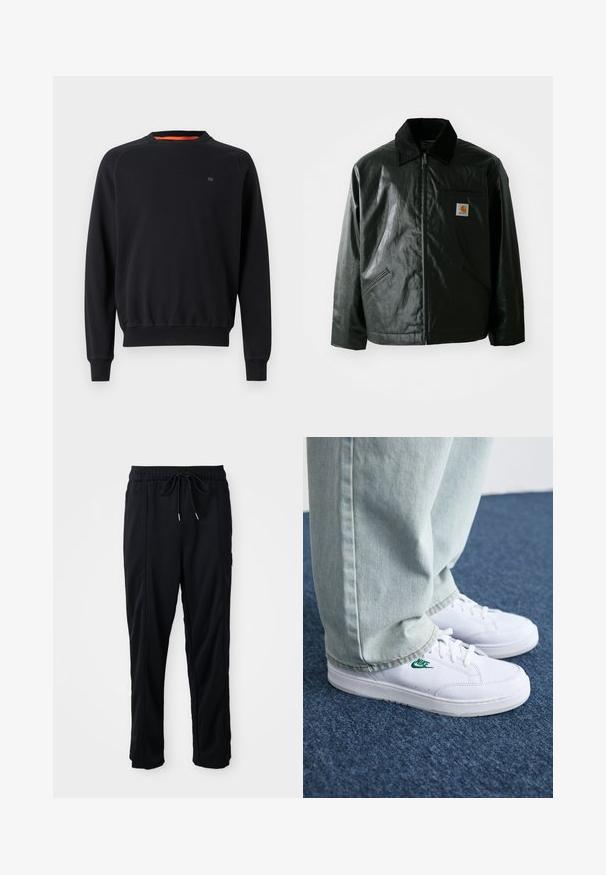 Casaco preto com fecho éclair, feito de material liso e brilhante. Apresenta um colarinho de veludo, dois bolsos frontais e um pequeno emblema no peito.; Sweatshirt preto de manga longa com decote redondo, com punhos e barra canelados, pequeno logo no peito, exibido sobre um fundo branco liso.; Calças casuais pretas com cordão na cintura, com bolsos laterais e corte reto, sobre um fundo simples.; Tênis de couro brancos com logo verde da Nike, bico redondo, sola plana, combinados com calças de denim azul claro, exibidos sobre um tapete azul.