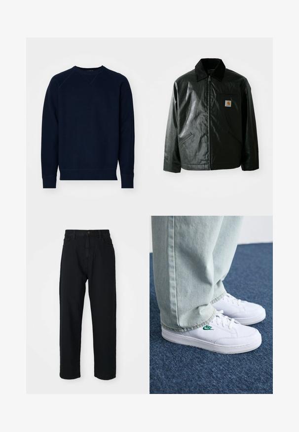 Giacca nera con zip realizzata in materiale liscio e lucido. Presenta un colletto in corduroy, due tasche frontali e una piccola patch con logo sul petto.; Felpa blu navy con tessuto a trama, scollo rotondo e maniche raglan. Presenta polsini e orlo a coste. Branding minimale sulla manica.; Pantaloni in denim nero con taglio dritto. Presentano un classico design a cinque tasche, chiusura con bottone e una leggera trama del tessuto.; Sneakers in pelle bianca con logo Nike verde, punta rotonda, suola piatta, abbinati a pantaloni in denim azzurro, mostrati su un tappeto blu.