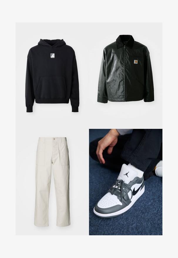 Black zip-up jacket made of smooth, shiny material. Features a corduroy collar, two front pockets, and a small logo patch on the chest.; Black hoodie with front pocket and small white Jordan logo centered on the chest, displayed on a plain white background.; Light beige wide-leg pants made of cotton. Features front pockets and a button closure. Smooth texture with subtle vertical lines.; Nike Air Jordan 1 sneakers in white and gray leather, featuring a black logo, perforated toe, and flat gray laces.