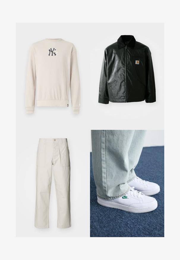 Black zip-up jacket made of smooth, shiny material. Features a corduroy collar, two front pockets, and a small logo patch on the chest.; Beige ribbed sweatshirt featuring a navy logo on the chest, round neck, and banded cuffs. Smooth texture with a relaxed fit design.; Light beige wide-leg pants made of cotton. Features front pockets and a button closure. Smooth texture with subtle vertical lines.; White leather sneakers with green Nike logo, round toe, flat sole, paired with light blue denim pants, shown on a blue carpet.