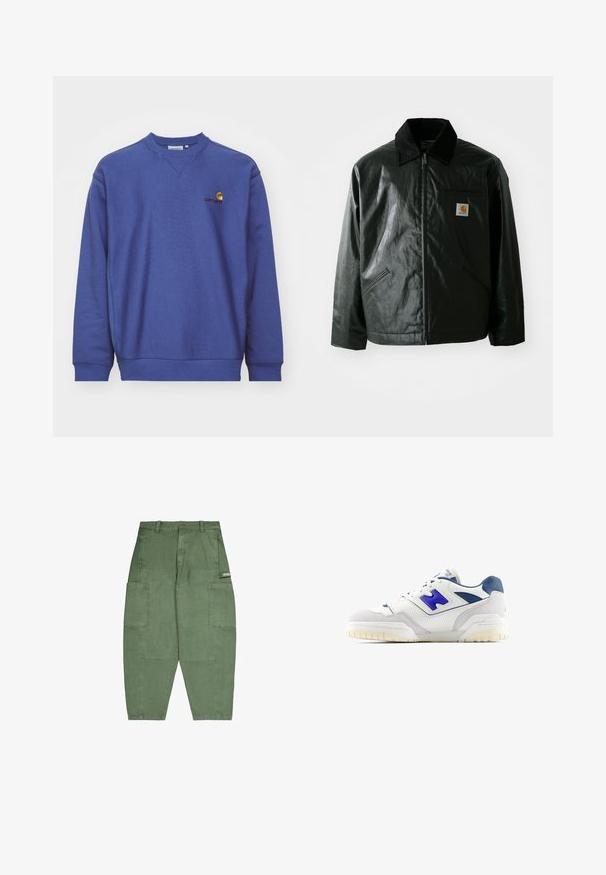 Veste noire zippée en matériau lisse et brillant. Elle dispose d'un col en velours côtelé, de deux poches avant et d'un petit écusson logo sur la poitrine.; Sweatshirt en polaire bleue avec des poignets et un ourlet côtelés. Il présente un col rond et un petit logo brodé sur la poitrine. Texture douce.; Pantalons cargo verts en coton, dotés de plusieurs grandes poches, d'une coupe ample et d'une fermeture à bouton à la taille. Texture douce et finition mate.; Baskets blanches avec des accents bleus, fabriquées en cuir et en daim, avec des détails perforés et une semelle en caoutchouc texturée.