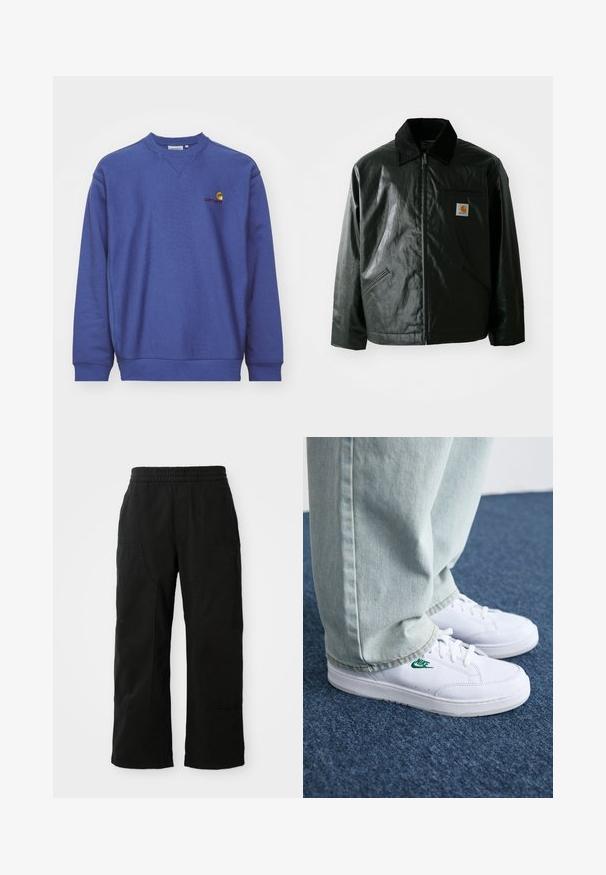 Must mustaga, läikiva materjaliga musta värvi jakk. Omab kordonilõikega kraed, kahte esikäe taskut ja väikest logo sildi rinnal.; Sinine flanellist dressipluus ribatud varrukaotste ja alumise äärtega. Omab ümmargust kaelust ja väikest tikandiga logo rinnal. Pehme tekstuur.; Mustad puuvillased püksid, millel on elastne vöökoht, laiad sääred ja suured küljetaskud. Kanga välimus on pehme ja sile.; Valged nahast tennisetossud rohelise Nike logo ja ümarate varvastega, lamedate taldadega, koos helesiniste teksapükstega, esitatud sinisel vaibal.