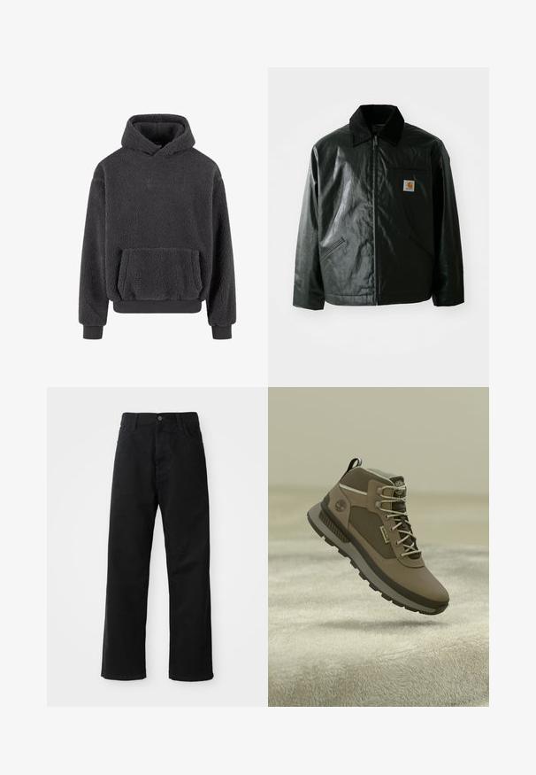 Schwarze Zip-Jacke aus glattem, glänzendem Material. Verfügt über einen Cordkragen, zwei Fronttaschen und ein kleines Logo-Patch auf der Brust.; Fleece-Hoodie in Dunkelgrau mit strukturiertem Obermaterial, Kängurutasche sowie gerippten Bündchen und Saum. Mit kleinem Logo auf der Brust.; Schwarze Jeans mit geradem Schnitt, ausgestattet mit Fronttaschen, einem Reißverschluss und einem einzelnen oberen Knopf. Texturiert mit matter Oberfläche.; Braune Wanderschuhe mit einem strukturierten Obermaterial, versehen mit grauen Akzenten, strapazierfähigen Schnürsenkeln und einer Gummisohle mit einem gemusterten Profil für Trittfestigkeit.