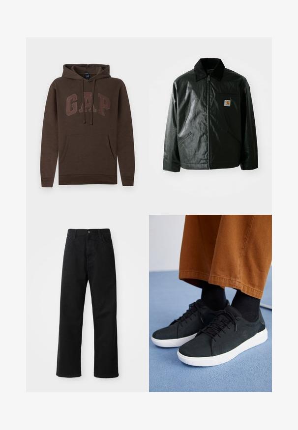 Veste noire zippée en matériau lisse et brillant. Elle dispose d'un col en velours côtelé, de deux poches avant et d'un petit écusson logo sur la poitrine.; Hoodie marron avec une poche kangourou, des cordons de serrage et le logo "GAP" dans une teinte marron plus claire sur la poitrine. Mélange de coton confortable.; Pantalons en denim noir à coupe droite, avec poches avant, fermeture éclair et un seul bouton supérieur. Tissu texturé avec une finition mate.; Baskets en suede noir avec semelles en caoutchouc blanc, présentant un design à lacets, des accents texturés et une branding discrète, associées à un pantalon marron.