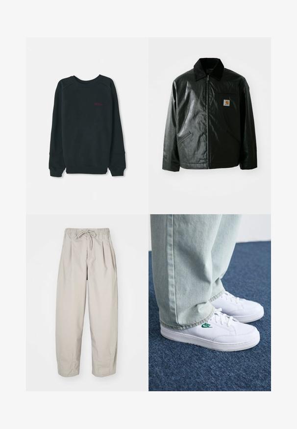 Juodas užtrauktuku užsegamas švarkas, pagamintas iš glotnaus, blizgaus medžiagos. Savybė - keteros apykaklė, dvi priekinės kišenės ir mažas logotipo ženklelis ant krūtinės.; Juoda medvilnės pluošto džemperis, turintis įformintą apvalią iškirptę, ilgomis rankovėmis ir mažą rožinę Timberland logotipą krūtinėje.; Šviesiai rudi, lengvi kelnių su elastine juosta ir raišteliu. Turintys klostes ir laisvą siluetą, pagaminti iš minkštos, glotnios medžiagos.; Balti odiniai sportbačiai su žaliu Nike logotipu, apvalia nosimi, plokščiu padu, derinami su šviesiai mėlynomis džinsinėmis kelnėmis, rodomi ant mėlynos kiliminės dangos.