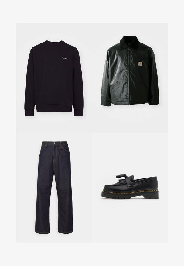 Zwarte ritssluiting jas van glad, glanzend materiaal. Heeft een corduroy kraag, twee voorzakken en een klein logo label op de borst.; Zwarte sweatshirt gemaakt van zacht materiaal met een ronde hals, lange mouwen en ribgebreide manchetten. Bevat een klein wit logo op de borst.; Donkerblauwe rechte spijkerbroek met gele stiksels, voorknop, ritssluiting en vijf pocket ontwerp.; Zwarte leren loafers met een franjesaccent, voorzien van een dikke zwarte zool en gele stiksels langs de rand. Gevoelige afwerking.