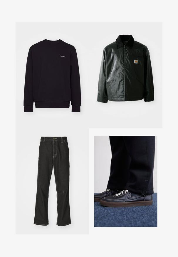 Black zip-up jacket made of smooth, shiny material. Features a corduroy collar, two front pockets, and a small logo patch on the chest.; Black sweatshirt made of soft material with a crew neck, long sleeves, and ribbed cuffs. Features a small white logo on the chest.; Black denim jeans with a loose fit, featuring contrasting white stitching, a button closure, and a straight leg design.; Nike Sportswear KILLSHOT 2 LTR PRM OPP2 - Trainers - black sail baroque brown mtlc dk grey