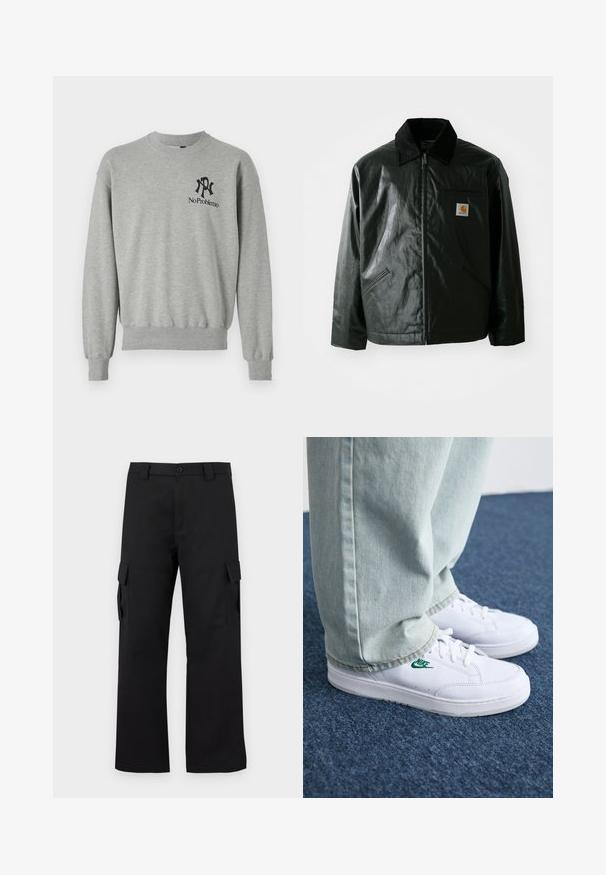 Črna jakna na zadrgo, izdelana iz gladkega, sijočega materiala. Ima žametni ovratnik, dva sprednja žepa in majhno oznako logotipa na prsih.; Siv sweatshirt z okroglim izrezom, z ribanimi manšetami in robom. Ima črne grafike: "R" in "No Problemo" na levi strani prsnega dela.; Črne cargo hlače s ravnim krojem. Narejene so iz trpežnega materiala in imajo dve stranski žepi s poklopcem ter gumbasto zaponko.; Bela usnjena športna obutev z zelenim Nike logotipom, okrogla konica, ravna podplat, v kombinaciji z svetlo modrimi kavbojkami, prikazana na modrem preprogu.