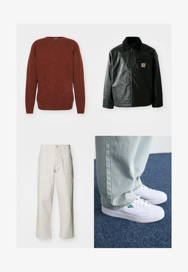 Black zip-up jacket made of smooth, shiny material. Features a corduroy collar, two front pockets, and a small logo patch on the chest.; Carhartt WIP ANGLISTIC - Jumper - speckled offroad; Light beige wide-leg pants made of cotton. Features front pockets and a button closure. Smooth texture with subtle vertical lines.; White leather sneakers with green Nike logo, round toe, flat sole, paired with light blue denim pants, shown on a blue carpet.