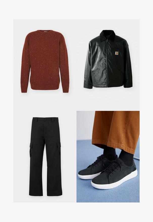 Must mustaga, läikiva materjaliga musta värvi jakk. Omab kordonilõikega kraed, kahte esikäe taskut ja väikest logo sildi rinnal.; Carhartt WIP ANGLISTIC - Džemper - speckled offroad; Mustad mustad püksid sirge lõikega disainiga. Valmistatud vastupidavast kangast, millel on kaks külgtaskut klappidega ja nupuvajutusega esiosa.; Mustad suede spordijalatsid valge kummitaldaga, millel on paeltega kinnitamine, tekstuuriga aktsendid ja tagasihoidlik bränding, koos pruuni pükstega.