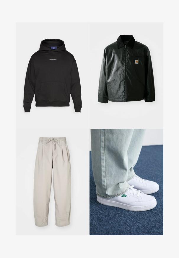 Casaco preto com fecho éclair, feito de material liso e brilhante. Apresenta um colarinho de veludo, dois bolsos frontais e um pequeno emblema no peito.; Hoodie preto feito de uma mistura de algodão. Apresenta um bolso frontal tipo canguru e punhos canelados. Texto bordado no peito em branco. Capuz ajustável.; Calças leves, bege, com cintura elástica e cordão. Apresenta pregas e um corte largo, confeccionadas em tecido suave e liso.; Tênis de couro brancos com logo verde da Nike, bico redondo, sola plana, combinados com calças de denim azul claro, exibidos sobre um tapete azul.