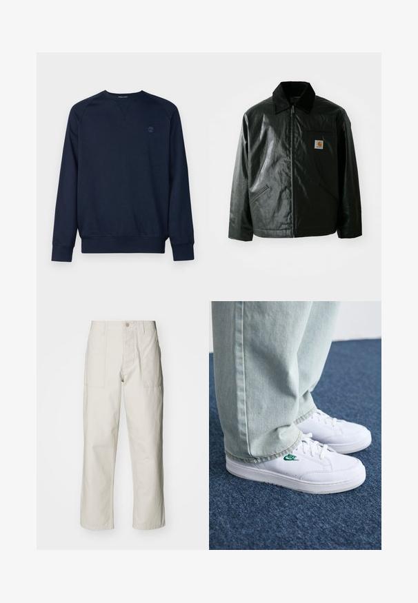 Black zip-up jacket made of smooth, shiny material. Features a corduroy collar, two front pockets, and a small logo patch on the chest.; Navy blue sweatshirt with long sleeves, crew neck, ribbed cuffs, and hem. Features a small, tonal logo on the left chest. Soft texture.; Light beige wide-leg pants made of cotton. Features front pockets and a button closure. Smooth texture with subtle vertical lines.; White leather sneakers with green Nike logo, round toe, flat sole, paired with light blue denim pants, shown on a blue carpet.