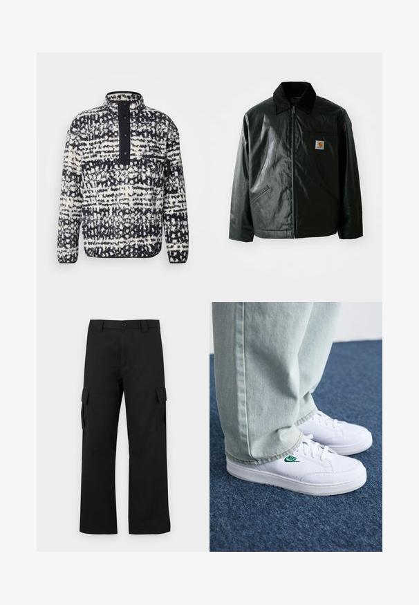 Črna jakna na zadrgo, izdelana iz gladkega, sijočega materiala. Ima žametni ovratnik, dva sprednja žepa in majhno oznako logotipa na prsih.; Columbia HELVETIA - Pulover iz flisa - black; Črne cargo hlače s ravnim krojem. Narejene so iz trpežnega materiala in imajo dve stranski žepi s poklopcem ter gumbasto zaponko.; Bela usnjena športna obutev z zelenim Nike logotipom, okrogla konica, ravna podplat, v kombinaciji z svetlo modrimi kavbojkami, prikazana na modrem preprogu.