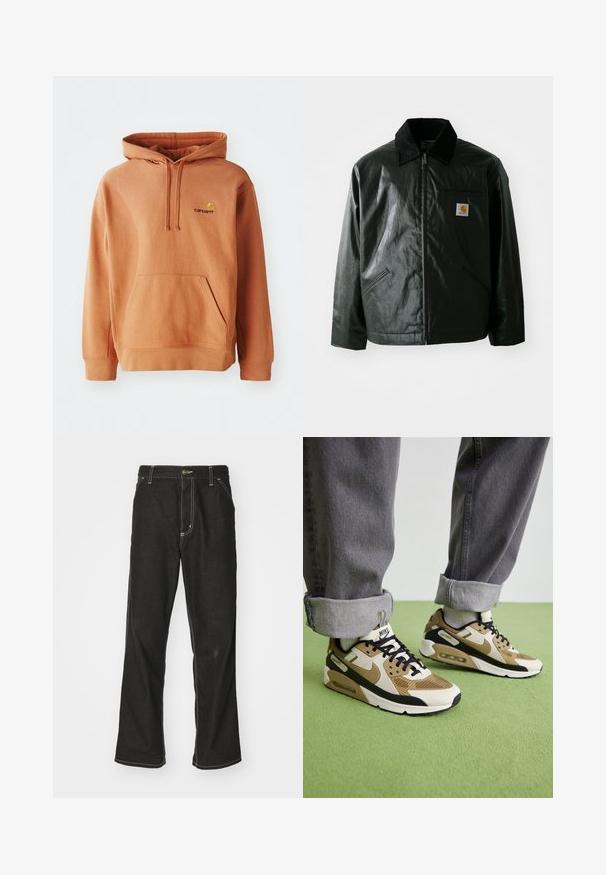 Veste noire zippée en matériau lisse et brillant. Elle dispose d'un col en velours côtelé, de deux poches avant et d'un petit écusson logo sur la poitrine.; Hoodie orange en mélange de coton avec une poche frontale, capuche à cordon de serrage ajustable et logo brodé sur la poitrine.; Jean en denim noir avec une coupe ample, comportant des coutures blanches contrastantes, une fermeture à bouton et un design à jambes droites.; Baskets Nike Air Max 90 en beige et noir, présentant des matériaux en maille et en cuir, un amorti visible et des lacets noirs.