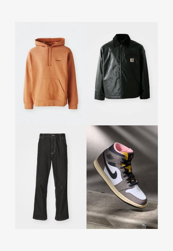 Giacca nera con zip realizzata in materiale liscio e lucido. Presenta un colletto in corduroy, due tasche frontali e una piccola patch con logo sul petto.; Felpa arancione in cotone misto con tasca frontale, cappuccio regolabile con coulisse e logo ricamato sul petto.; Jeans in denim nero con una vestibilità ampia, caratterizzati da cuciture bianche a contrasto, chiusura a bottone e un design a gamba dritta.; Sneaker Nike Air Jordan alta in bianco, grigio e nero con interno rosa e linguetta gialla, posizionata su una superficie di cemento.