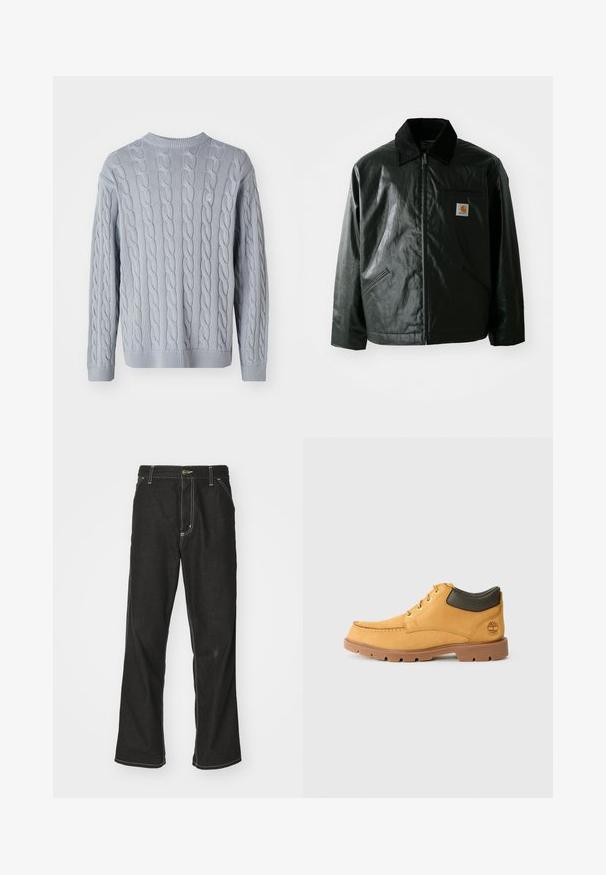 Crna zip-up jakna izrađena od glatkog, sjajnog materijala. Ima okovratnik od kordura, dva prednja džepa i mali logotip na prsima.; Svijetloplavi pleteni pulover s uzorkom pletenica, dugih rukava i okruglog izreza. Rebraste manžete i rub dodaju teksturu i strukturu.; Crne traperice s opuštenim krojem, s kontrastnim bijelim šavovima, zakovicom za zatvaranje i ravnim nogavicama.; Žute kožne cipele s smešnim gumenim potplatom, okruglim vrhom i zelenim kožnim detaljem oko gležnja. Imaju zlatne rupice za vezivanje i ukrasne šavove.