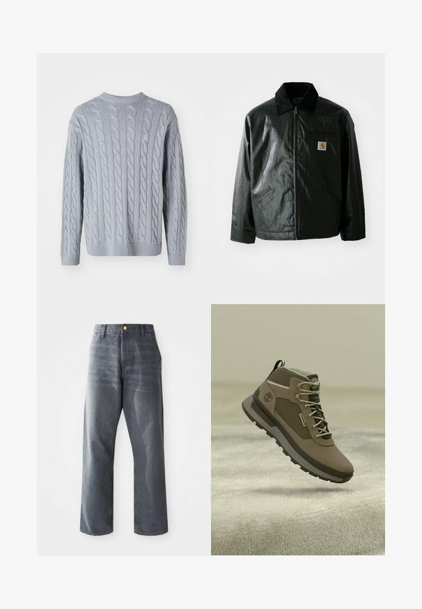 Svart zip-up jakke laget av jevnt, blankt materiale. Har en kordfløyelskrage, to frontlommer og en liten logo-lapp på brystet.; Lys blå strikket genser med kabelstrikkmønster, lange ermer og rund hals. Ribbestrikkede mansjetter og nederkant gir tekstur og struktur.; Løse herrejeans med vid benvidde i grå denim, med foran lommer og en enkelt synlig gullknapp i midjen.; Brune turløyte med teksturert overdel, som har grå detaljer, slitesterke snørebånd og gummisåle med mønstrede spor for godt grep.