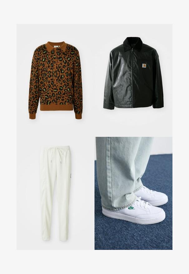 Fekete zipzáros dzseki sima, fényes anyagból. Kordbársony gallérral, két elülső zsebbel és egy kis logós felvarrással a mellkason.; Carhartt WIP ARLO - Pulóver - tamarind/black; Fehér, slim fit szabású sportnadrág, elasztikus derékkal és húzózsinórral, oldalsó varrás részletekkel és egy kis fekete folttal a jobb lábon.; Fehér bőr sportcipők zöld Nike logóval, kerek orral, lapos talppal, világoskék farmernadrággal párosítva, kék szőnyegen bemutatva.