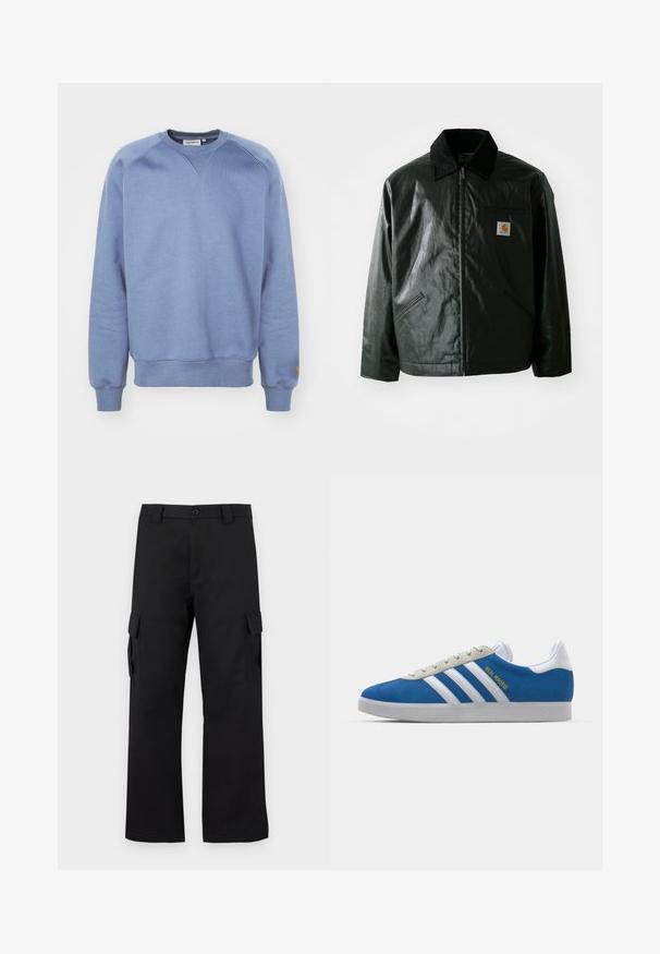 Czarna kurtka zapinana na zamek, wykonana z gładkiego, błyszczącego materiału. Posiada kołnierz z kordurowej tkaniny, dwie przednie kieszenie oraz małą naszywkę z logo na klatce piersiowej.; Carhartt WIP - Bluza; Czarne spodnie cargo o prostym kroju. Wykonane z trwałej tkaniny, posiadają dwie boczne kieszenie z klapkami oraz zapięcie na guzik.; adidas Originals GAZELLE niebieski