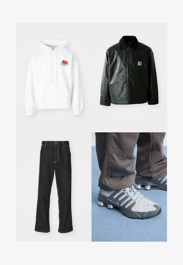 Black zip-up jacket made of smooth, shiny material. Features a corduroy collar, two front pockets, and a small logo patch on the chest.; White hoodie with a graphic of two red cherries, an outline, and blue lettering. Features a kangaroo pocket and drawstring hood.; Black denim jeans with a loose fit, featuring contrasting white stitching, a button closure, and a straight leg design.; Gray and silver Nike Shox sneakers feature a sleek design, with mesh and synthetic materials, a rounded toe, and a padded collar.