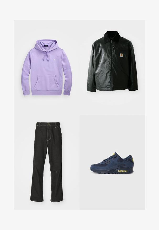 Svart zip-up jakke laget av jevnt, blankt materiale. Har en kordfløyelskrage, to frontlommer og en liten logo-lapp på brystet.; Lilla hettegenser laget av mykt stoff, med kengurulomme, justerbar snorhette, og en liten brodert logo på brystet.; Svarte denimbukser med løs passform, med kontrastfylt hvit søm, knappelukking og rett ben-design.; Marineblå Nike Air Max sneakers med overdel i ruskind og mesh, med gule detaljer, snørebånd fortil og synlig luftdæmpning i sålen.