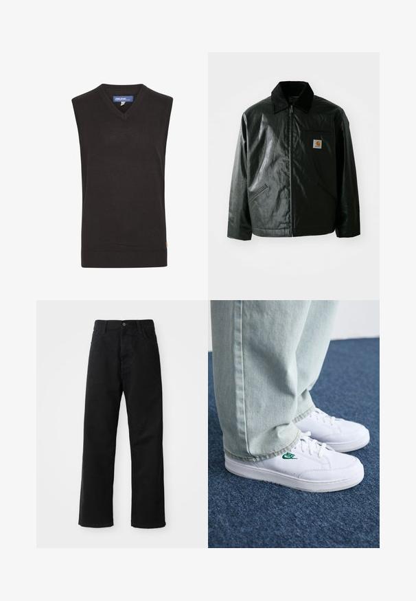 Black zip-up jacket made of smooth, shiny material. Features a corduroy collar, two front pockets, and a small logo patch on the chest.; Blend BHLARSSON - Jumper - black; Black denim pants with a straight cut, featuring front pockets, a zip fly, and a single top button. Textured fabric with a matte finish.; White leather sneakers with green Nike logo, round toe, flat sole, paired with light blue denim pants, shown on a blue carpet.