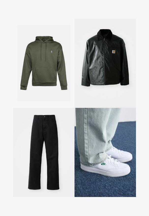 Black zip-up jacket made of smooth, shiny material. Features a corduroy collar, two front pockets, and a small logo patch on the chest.; Olive green hoodie with a quilted texture, a central kangaroo pocket, and a small embroidered logo on the chest. Adjustable drawstring hood.; Black denim pants with a straight cut, featuring front pockets, a zip fly, and a single top button. Textured fabric with a matte finish.; White leather sneakers with green Nike logo, round toe, flat sole, paired with light blue denim pants, shown on a blue carpet.