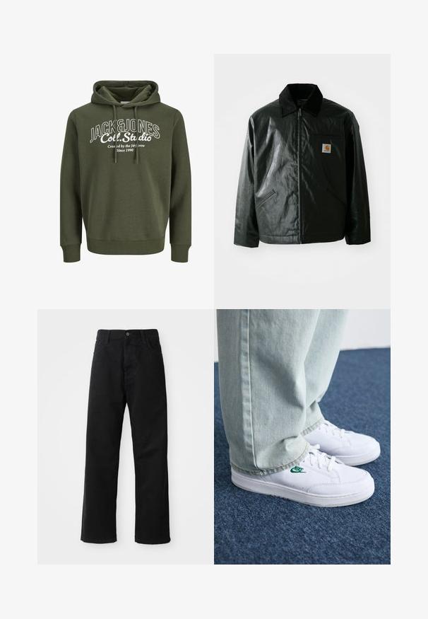 Μαύρο μπουφάν με φερμουάρ, φτιαγμένο από λείο, γυαλιστερό υλικό. Διαθέτει κοτλέ γιακά, δύο μπροστινές τσέπες και μια μικρή ετικέτα λογότυπου στο στήθος.; Ελιά-πράσινη φούτερ με κορδόνι, διαθέτει λευκή γραφική εκτύπωση που περιλαμβάνει το κείμενο "JACK&JONES Coll. Studio." Μάλακος ύφασμα, άνετη εφαρμογή.; Μαύρο τζιν παντελόνι με ίσια γραμμή, που διαθέτει μπροστινές τσέπες, φερμουάρ και ένα μόνο κουμπί στην κορυφή. Υφασμάτινη επιφάνεια με ματ φινίρισμα.; Λευκά δερμάτινα sneakers με πράσινο λογότυπο Nike, στρογγυλή μύτη, επίπεδη σόλα, συνδυασμένα με ανοιχτό μπλε τζην παντελόνι, τοποθετημένα σε μπλε χαλί.