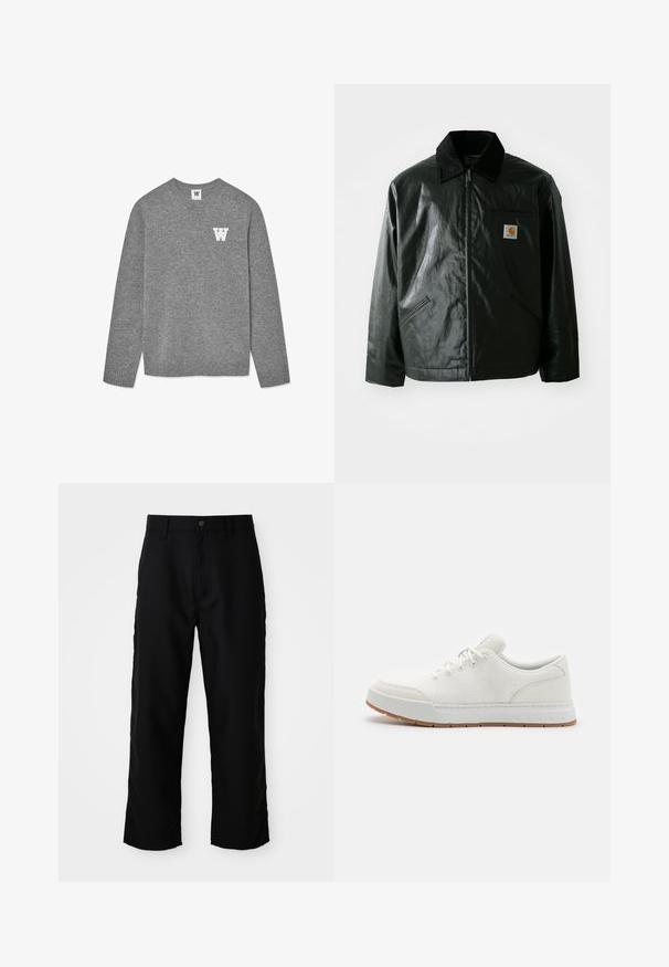 Black zip-up jacket made of smooth, shiny material. Features a corduroy collar, two front pockets, and a small logo patch on the chest.; Gray knit sweater featuring a crew neckline and ribbed cuffs. A white letter "W" is embroidered on the left chest. Soft texture.; Black straight-leg pants with belt loops, front button, and zip closure on plain light background.; White athletic shoes with mesh upper, round toe, and rubber sole with a textured pattern. Features flat laces and subtle branding on heel.