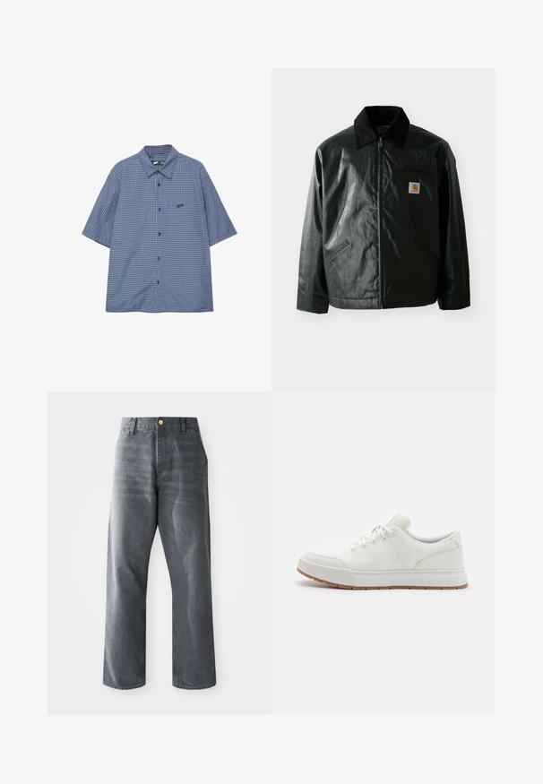 Svart zip-up jacka gjord av slätt, glänsande material. Har en manchesterkrage, två framfickor och en liten logotyp på bröstet.; Kortärmad, knappad skjorta i blå rutigt mönster, med spridd krage och liten svart logotyp på vänster bröst. Blandning av bomull.; Lösa grå denimjeans för män med vida ben, framfickor och en synlig gyllene knapp i midjan.; Vita idrottsskor med meshuppbyggnad, rund tå och gummisula med ett strukturerat mönster. Har platta snören och diskret logotyp på hälen.