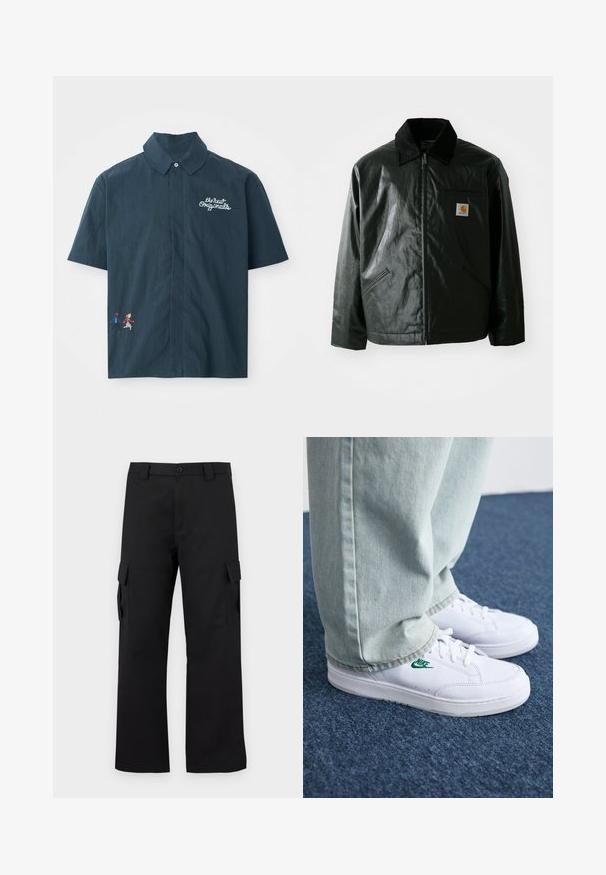 Juodas užtrauktuku užsegamas švarkas, pagamintas iš glotnaus, blizgaus medžiagos. Savybė - keteros apykaklė, dvi priekinės kišenės ir mažas logotipo ženklelis ant krūtinės.; Tamsiai mėlynas medvilninis marškinėliai trumpomis rankovėmis su mygtukų apykakle. Papuošti balta siuvinėta tekstu ir spalvingu pikseliniu poros dizainu.; Juodi cargo kelnės su tiesiu kojų dizainu. Pagamintos iš tvirto audinio, turi dvi šonines kišenes su užsegamais dangteliais ir mygtukų užtrauktuką.; Balti odiniai sportbačiai su žaliu Nike logotipu, apvalia nosimi, plokščiu padu, derinami su šviesiai mėlynomis džinsinėmis kelnėmis, rodomi ant mėlynos kiliminės dangos.