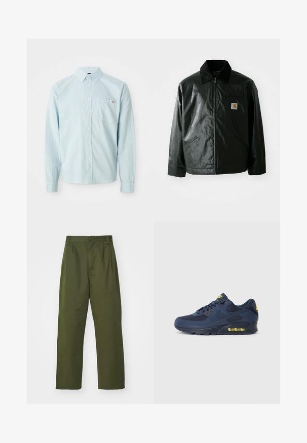 Svart zip-up jakke laget av jevnt, blankt materiale. Har en kordfløyelskrage, to frontlommer og en liten logo-lapp på brystet.; Lyseblå langermet skjorte med knapper og krage, samt brystlomme med et lite rødt og hvitt logo-patch.; Olivenfargede, høy midje-bukser med rette bein. Laget av et lett stoff, med frontfolder og knappelukking.; Marineblå Nike Air Max sneakers med overdel i ruskind og mesh, med gule detaljer, snørebånd fortil og synlig luftdæmpning i sålen.