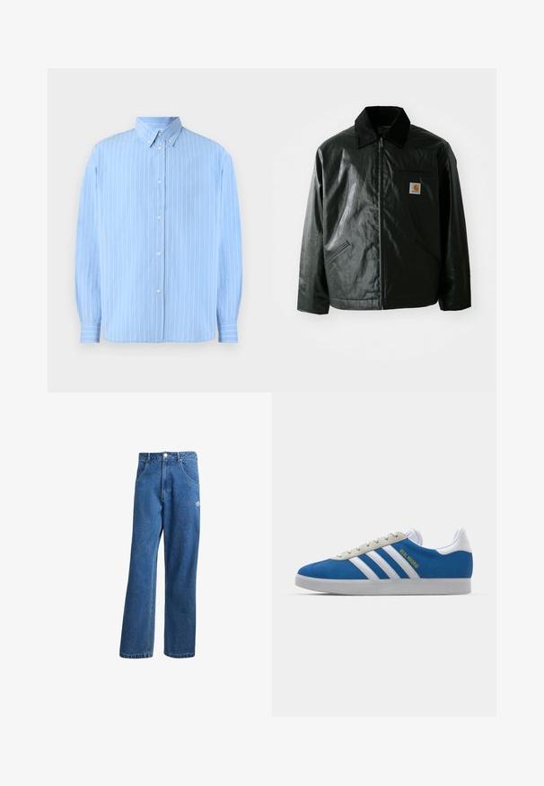 Casaco preto com fecho éclair, feito de material liso e brilhante. Apresenta um colarinho de veludo, dois bolsos frontais e um pequeno emblema no peito.; Camisa azul clara de botão, feita de um tecido suave, com riscas brancas verticais, colarinho pontudo e mangas longas com punhos de botão.; Calças de ganga azul com cintura alta e perna larga, com bolsos frontais, passadores de cinto, fecho de botão e pequeno logótipo da Adidas na coxa direita.; adidas Originals ADIDAS GAZELLE SHOES - Botas de futebol de salão - real madrid/bluebird/footwear white/crew yellow