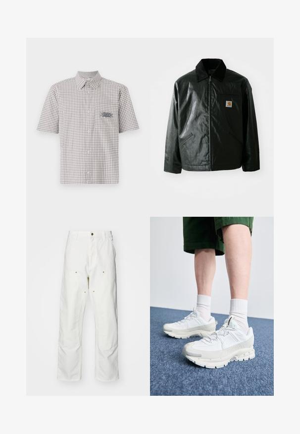 Giacca nera con zip realizzata in materiale liscio e lucido. Presenta un colletto in corduroy, due tasche frontali e una piccola patch con logo sul petto.; Camicia a maniche corte con colletto in un motivo a quadri grigi e bianchi. Presenta una tasca sul petto con un design grafico a contrasto.; Pantaloni cargo bianchi in cotone con vestibilità rilassata. Tra le caratteristiche ci sono tasche frontali, dettagli in metallo dorato e sezioni rinforzate sulle ginocchia.; Scarpe da ginnastica bianche con sovrapposizioni testurizzate, suola spessa e accenti grigi. Indossate con calze corte bianche e pantaloni corti verdi su una superficie blu.