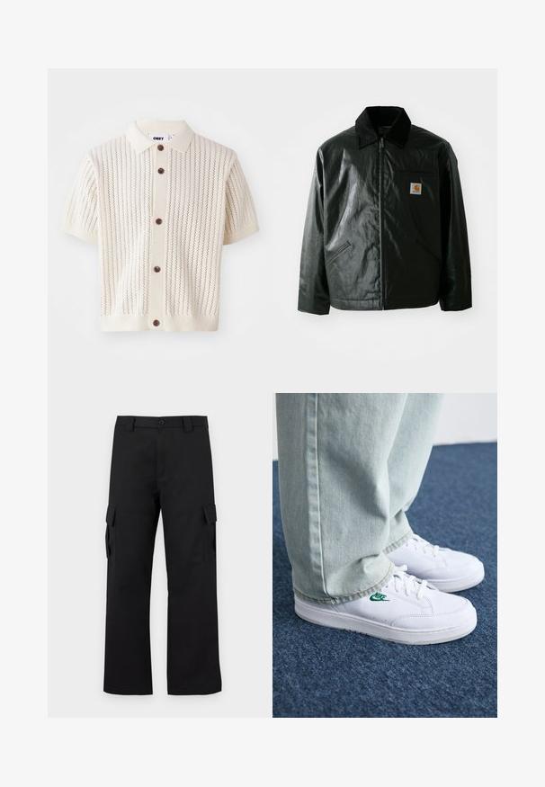 Juodas užtrauktuku užsegamas švarkas, pagamintas iš glotnaus, blizgaus medžiagos. Savybė - keteros apykaklė, dvi priekinės kišenės ir mažas logotipo ženklelis ant krūtinės.; Krema spalvos trumpų rankovių megztinis su mygtukų užsegimu, pasižymintis vertikaliu megztu raštu ir rudiems mygtukams ant raukšlėto apvado ir apykaklės.; Juodi cargo kelnės su tiesiu kojų dizainu. Pagamintos iš tvirto audinio, turi dvi šonines kišenes su užsegamais dangteliais ir mygtukų užtrauktuką.; Balti odiniai sportbačiai su žaliu Nike logotipu, apvalia nosimi, plokščiu padu, derinami su šviesiai mėlynomis džinsinėmis kelnėmis, rodomi ant mėlynos kiliminės dangos.