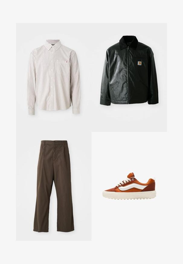 Giacca nera con zip realizzata in materiale liscio e lucido. Presenta un colletto in corduroy, due tasche frontali e una piccola patch con logo sul petto.; Camicia bianca a maniche lunghe con bottoni, caratterizzata da sottili righe verticali rosse e una tasca sul petto con un piccolo logo rosso e blu.; Pantaloni marroni a gamba larga in cotone con chiusura anteriore a bottoni, passanti per la cintura e una superficie liscia e opaca.; Sneaker marrone e bianco con tomaia in tela e pelle, punta rotonda, lacci piatti e suola in gomma testurizzata. Presenta la striscia laterale caratteristica.