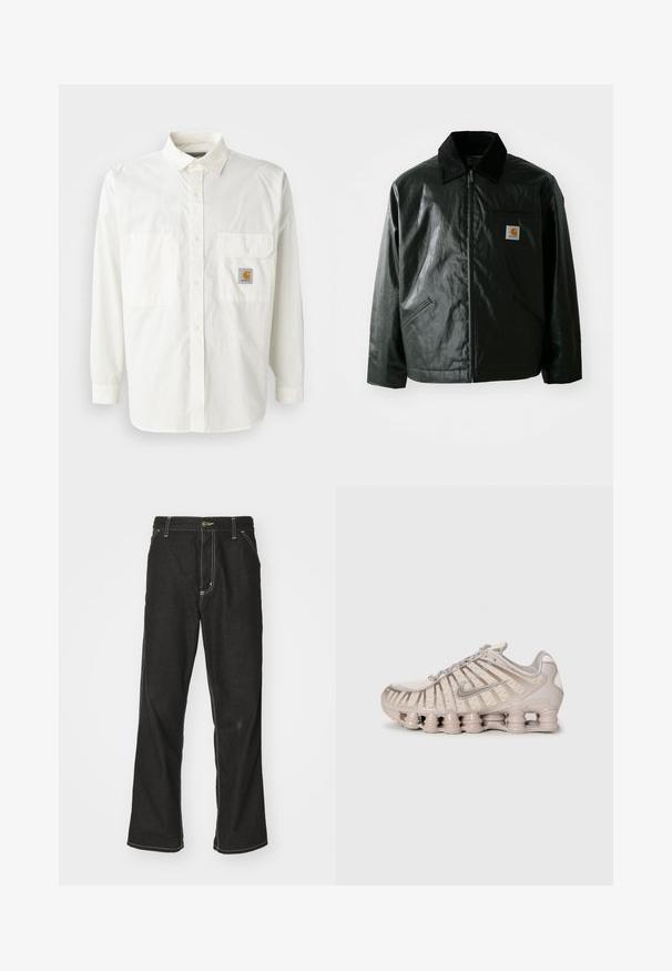 Μαύρο μπουφάν με φερμουάρ, φτιαγμένο από λείο, γυαλιστερό υλικό. Διαθέτει κοτλέ γιακά, δύο μπροστινές τσέπες και μια μικρή ετικέτα λογότυπου στο στήθος.; Λευκό πουκάμισο με κουμπιά φτιαγμένο από βαμβάκι, με μακριά μανίκια, κλασικό γιακά, δύο μπροστινές τσέπες και λογότυπο Carhartt.; Μαύρα τζιν παντελόνια με χαλαρή εφαρμογή, που διαθέτουν λευκές ραφές σε αντίθεση, κλείσιμο με κουμπί και ίσια γραμμή.; Αθλητικό παπούτσι φωτεινού μπεζ χρώματος με άνω μέρος από διχτυωτό υλικό, δομημένο σχέδιο και χαρακτηριστική μαξιλαρωτή σόλα με κυλινδρικά τμήματα.